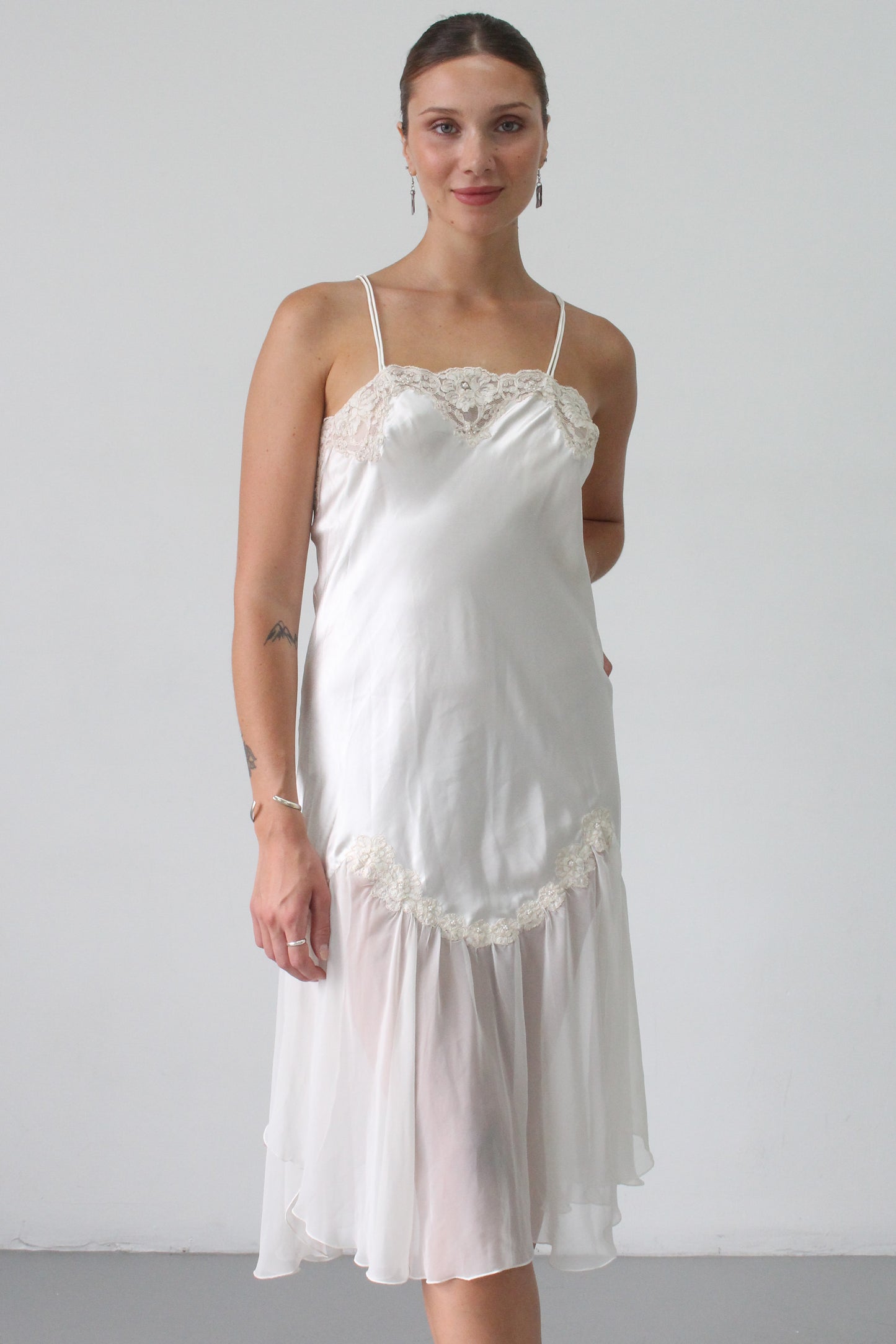 80s asymmetric midi silk lace slip dress - SZ M/L