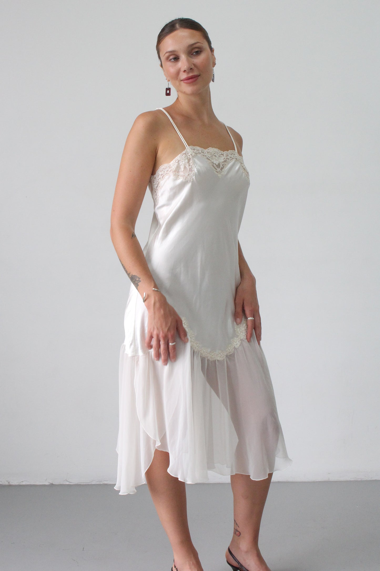 80s asymmetric midi silk lace slip dress - SZ M/L