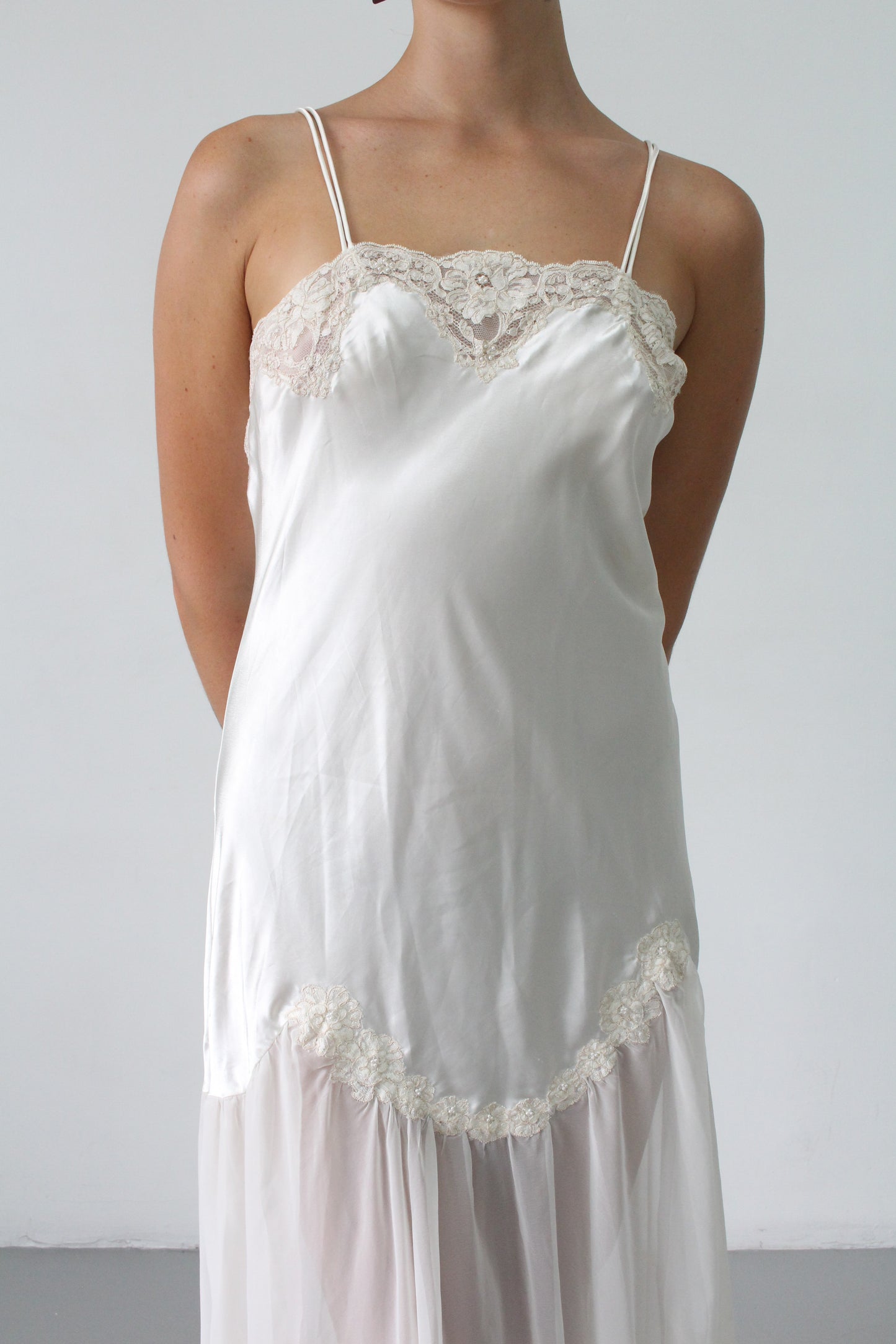 80s asymmetric midi silk lace slip dress - SZ M/L