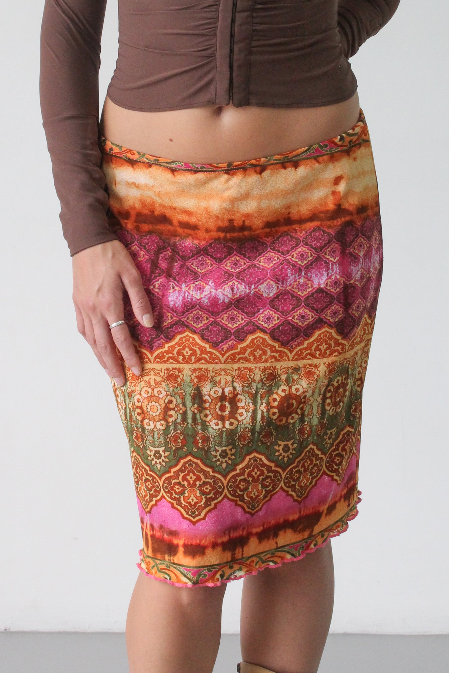 90s pink, orange, green printed midi skirt - SZ S-L