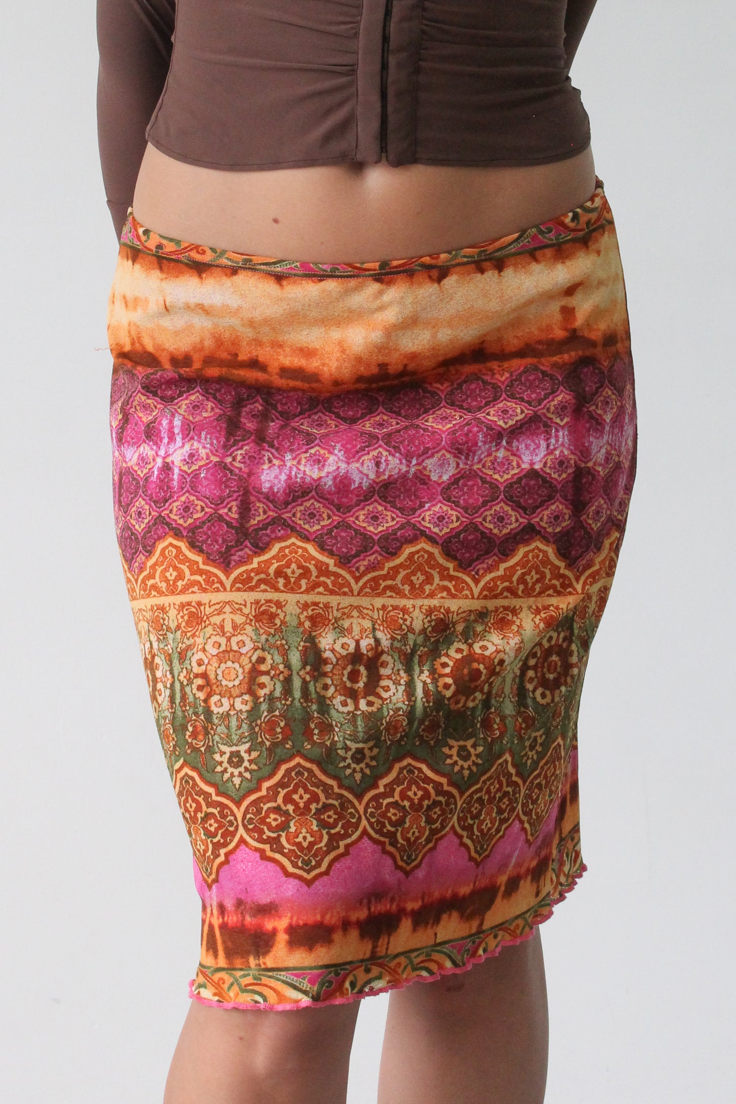 90s pink, orange, green printed midi skirt - SZ S-L