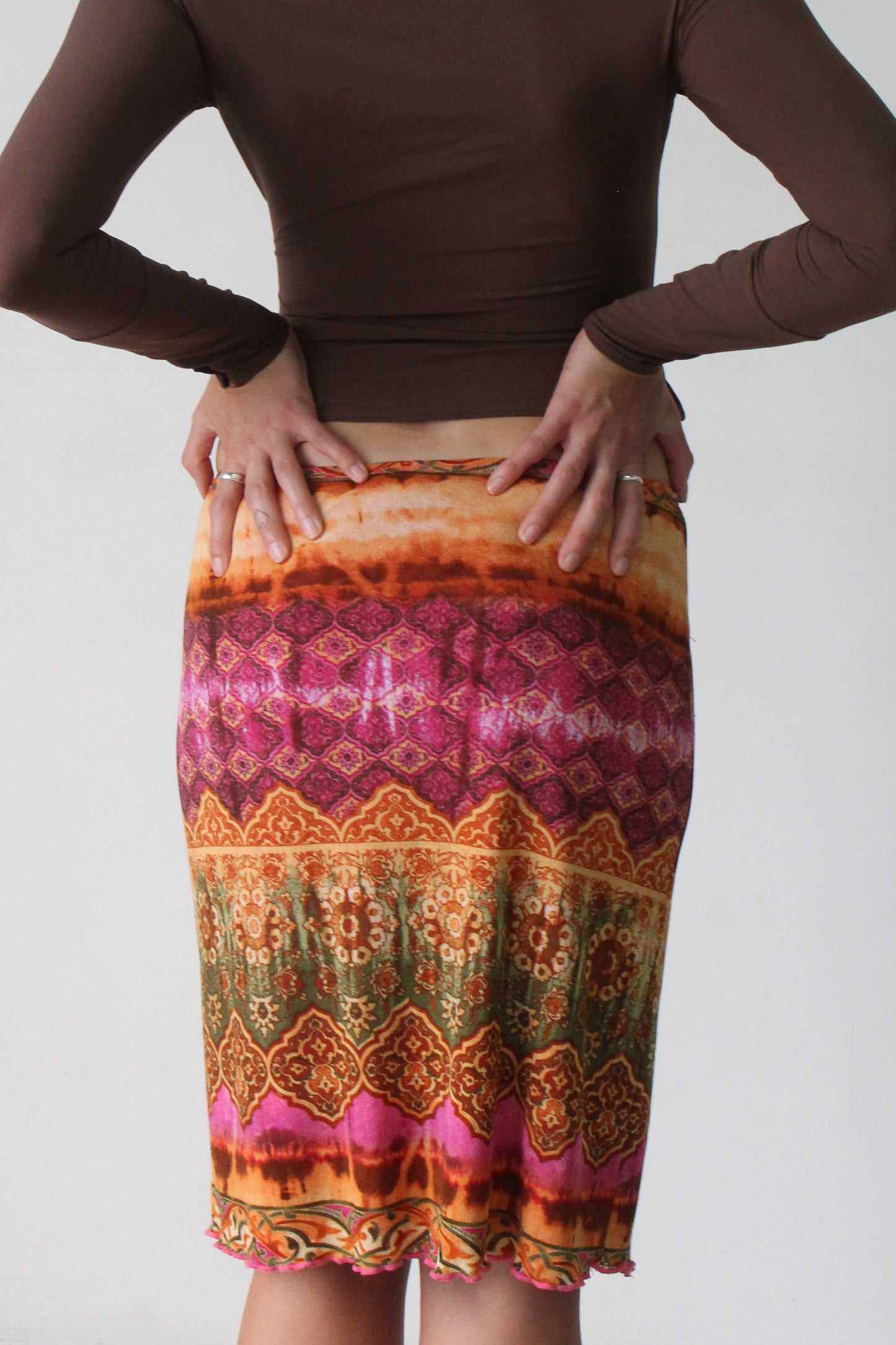 90s pink, orange, green printed midi skirt - SZ S-L
