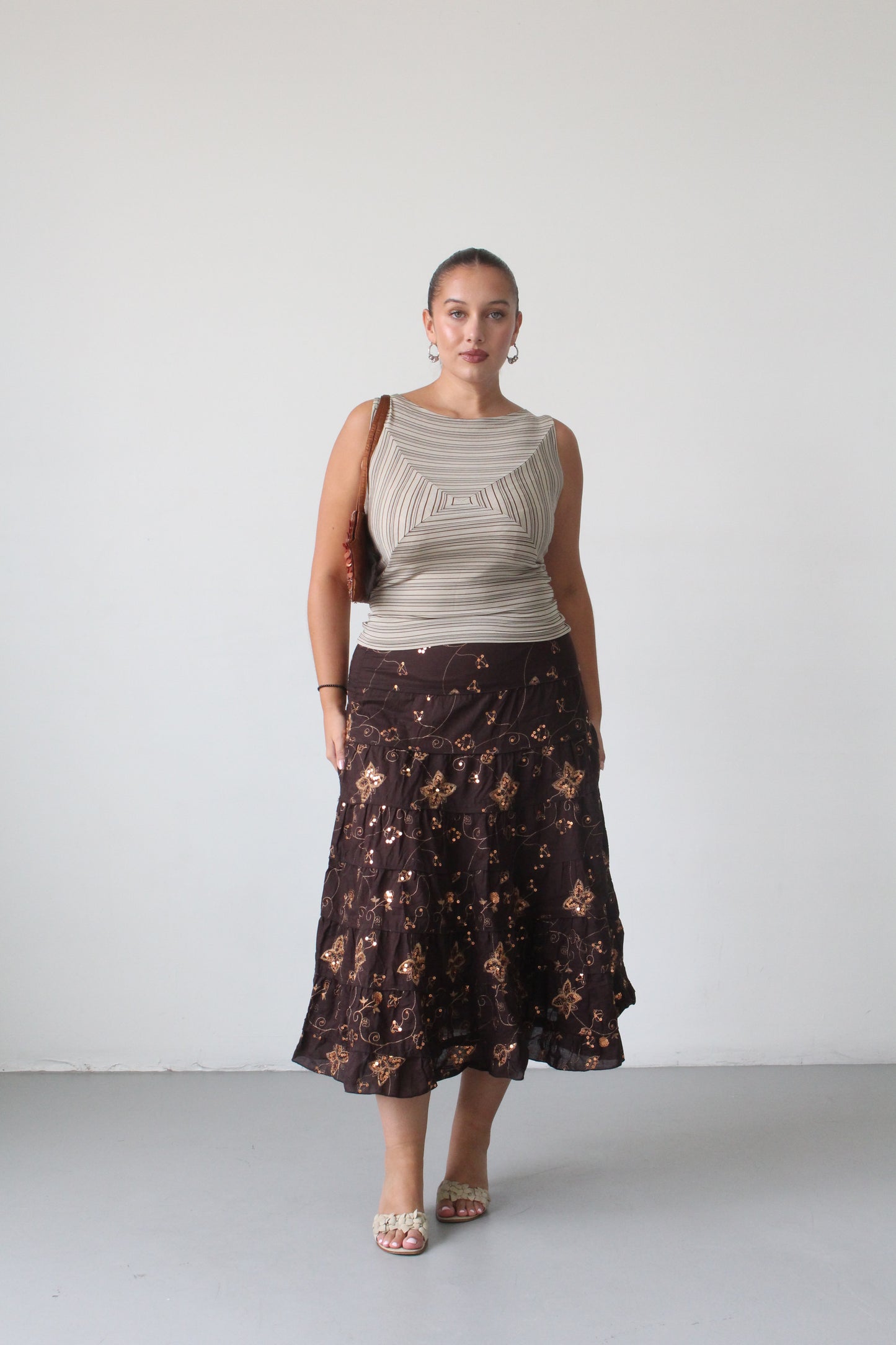 90s brown sequin tiered maxi skirt - SZ M/L