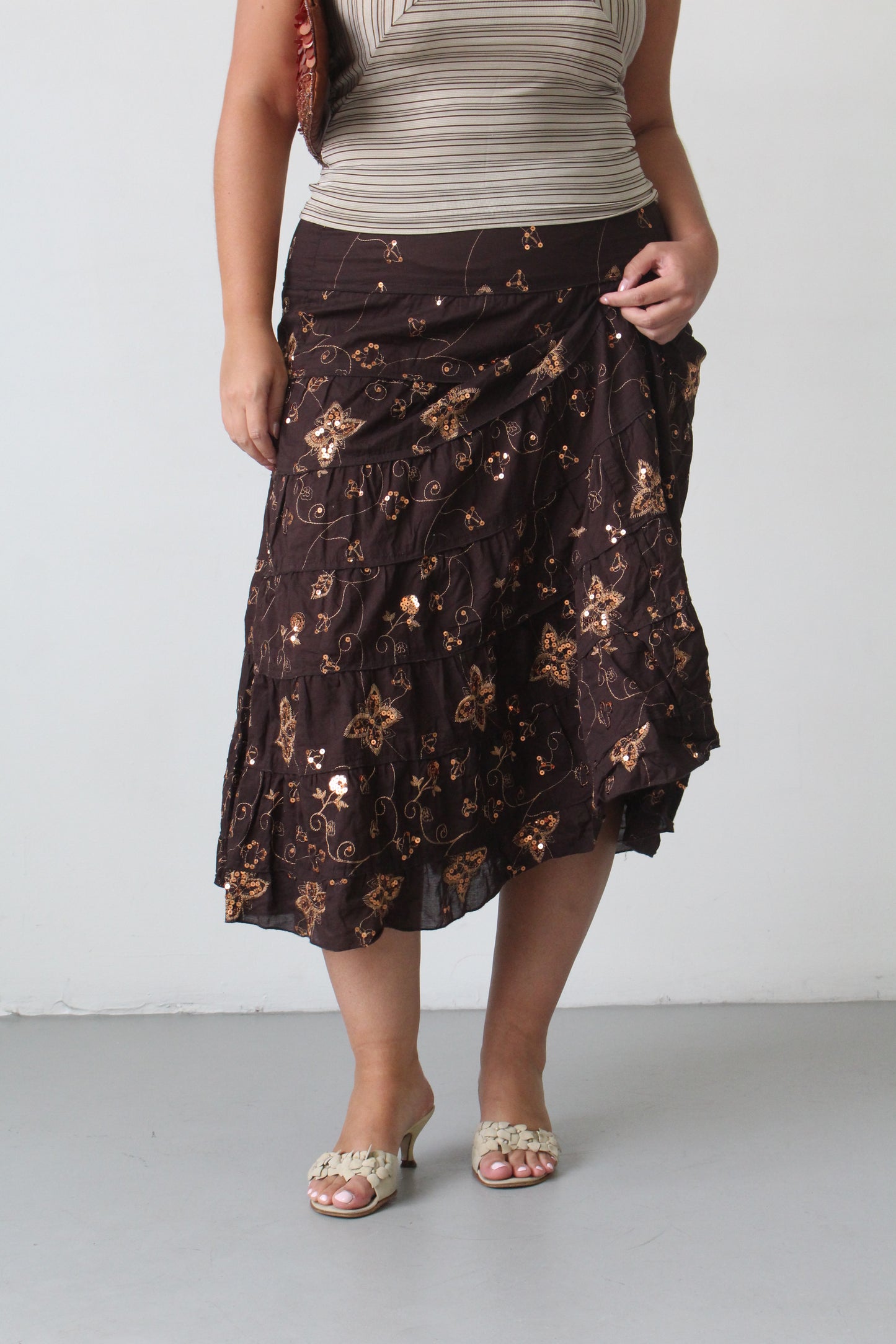 90s brown sequin tiered maxi skirt - SZ M/L