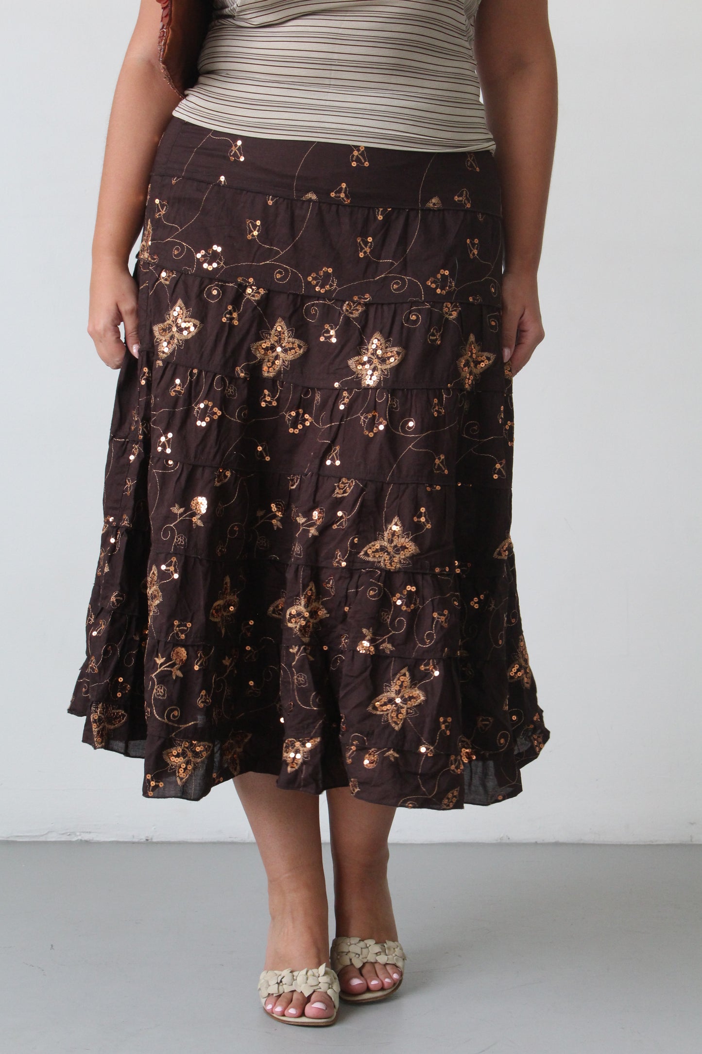 90s brown sequin tiered maxi skirt - SZ M/L