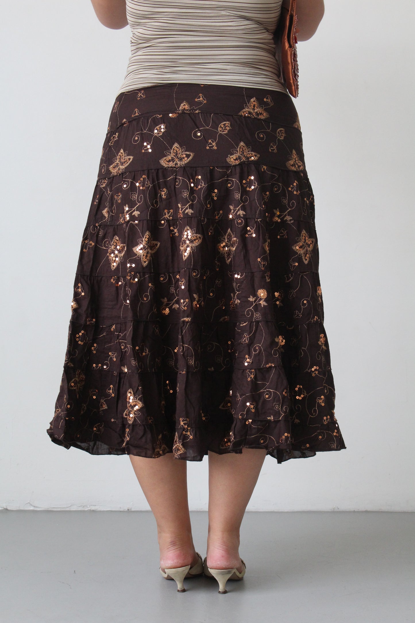 90s brown sequin tiered maxi skirt - SZ M/L