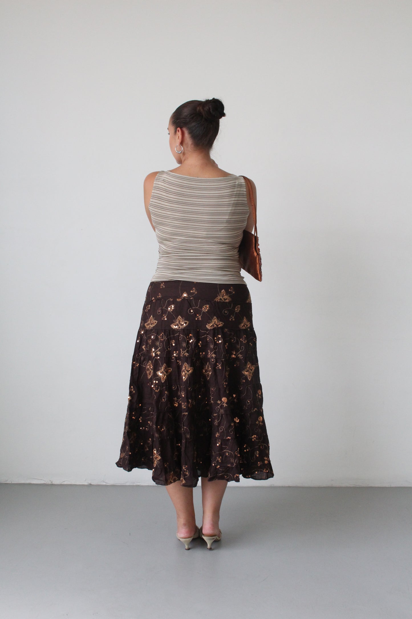 90s brown sequin tiered maxi skirt - SZ M/L