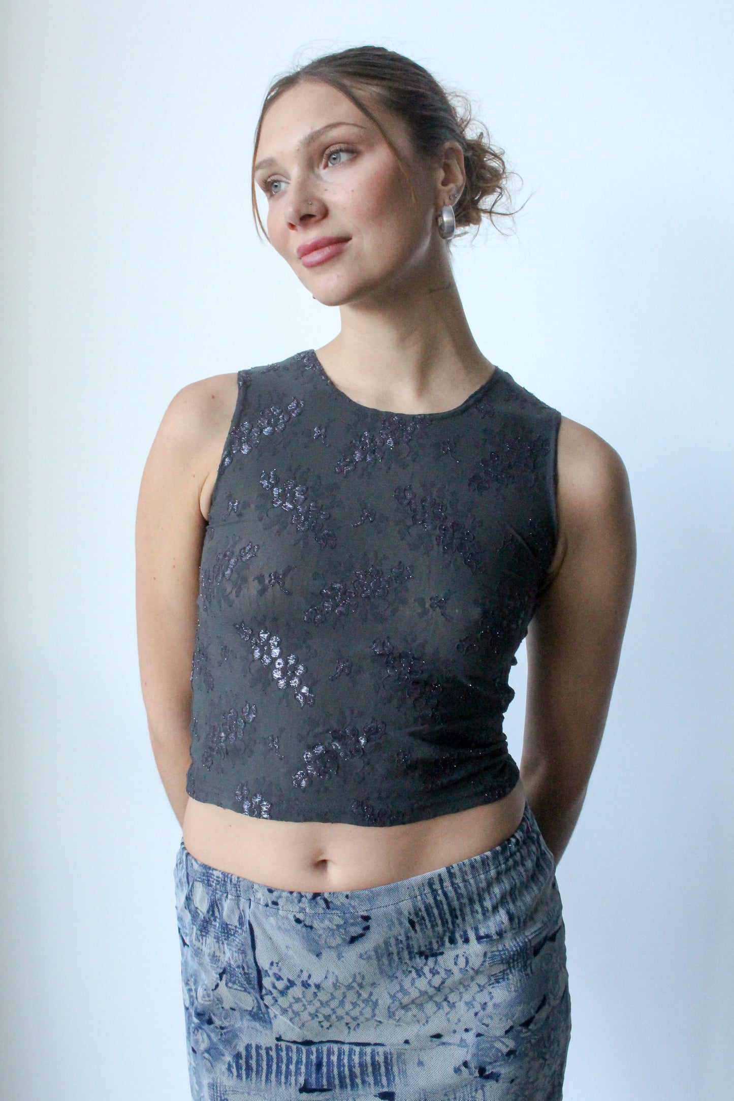 metallic floral mesh tank - SZ S