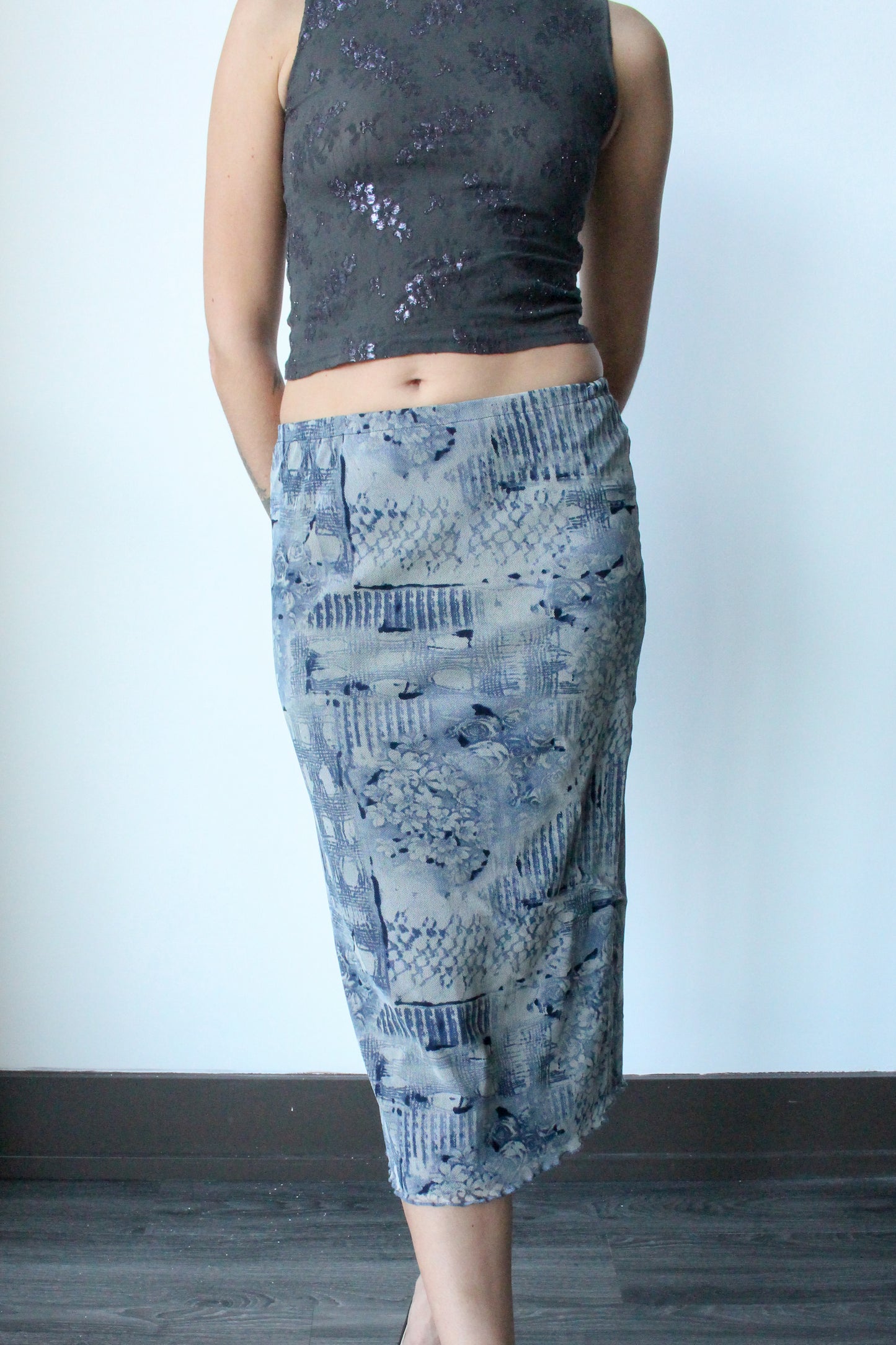 blue graphic mesh midi skirt - SZ S