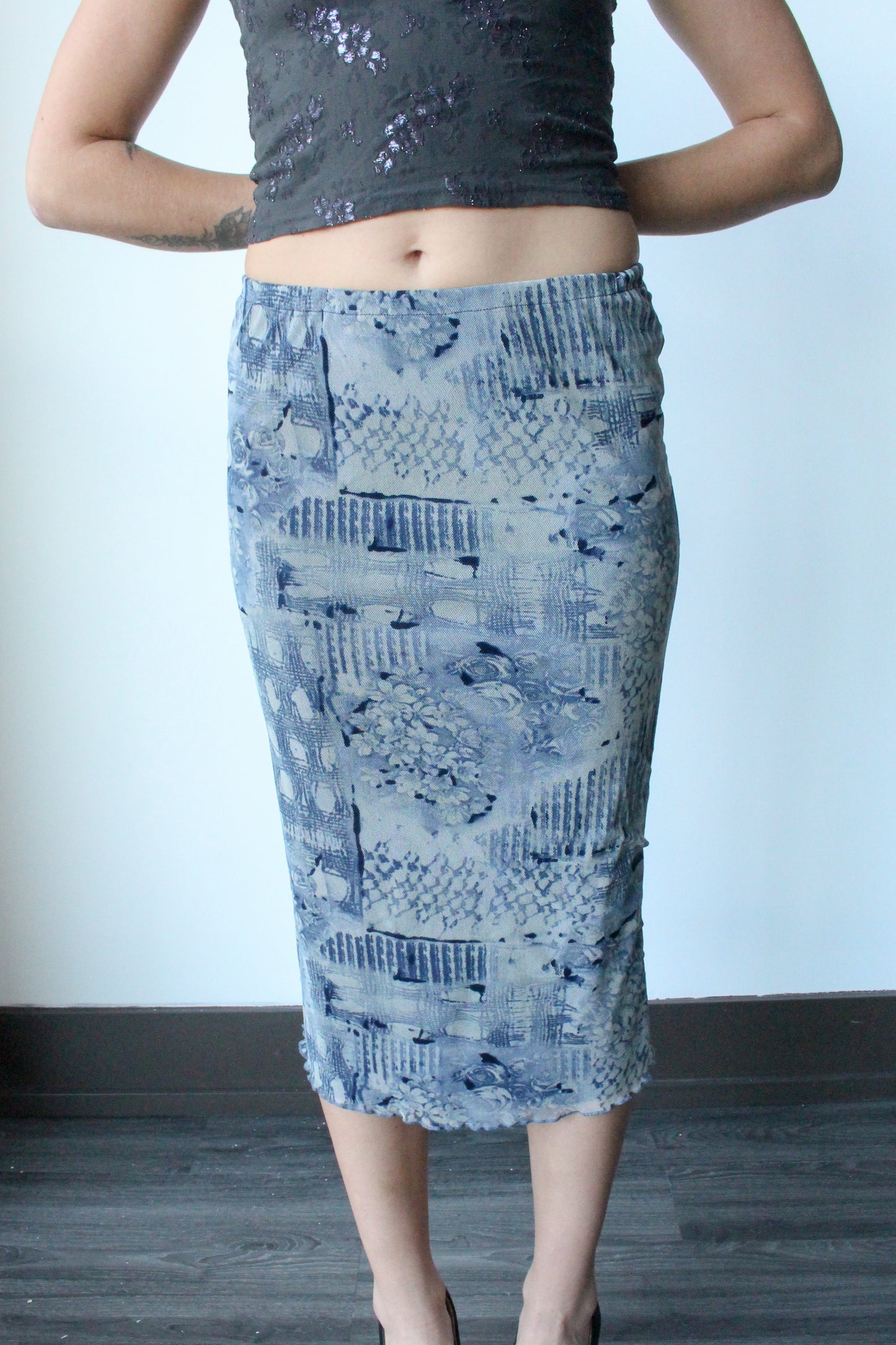 blue graphic mesh midi skirt - SZ S