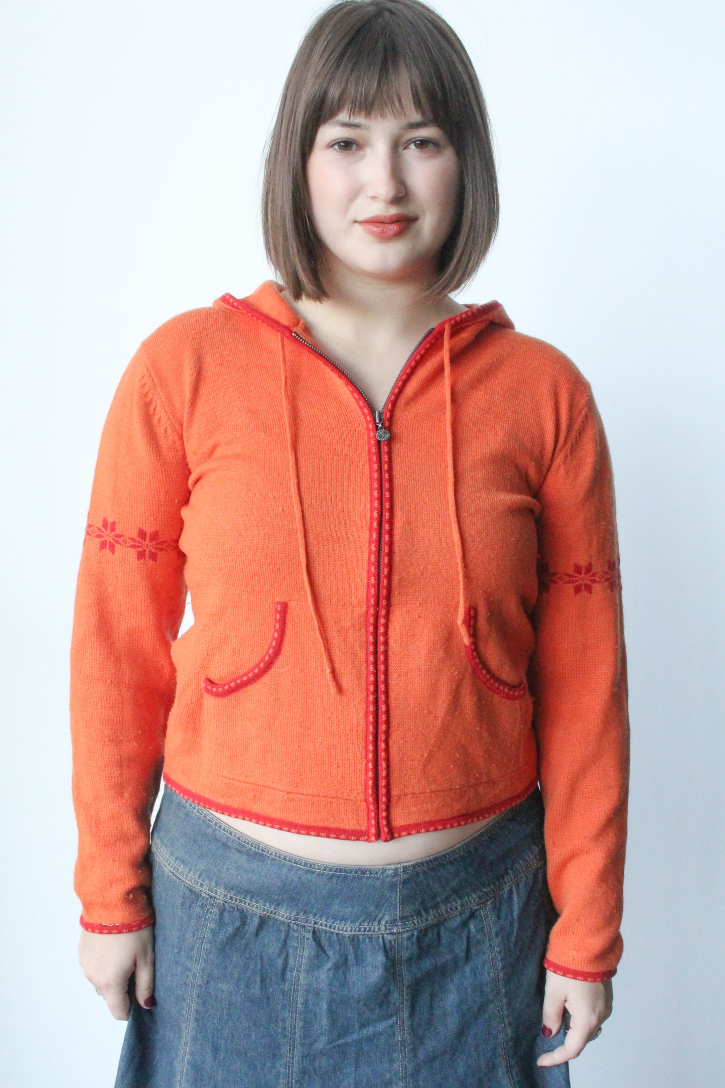 orange/red zip up knit hoodie - SZ M/L