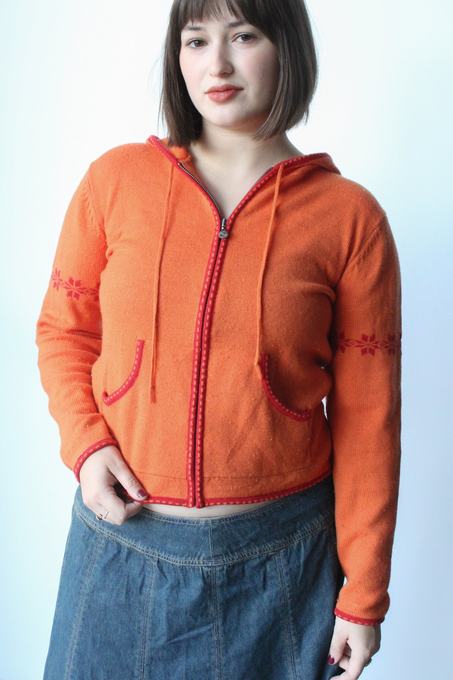 orange/red zip up knit hoodie - SZ M/L