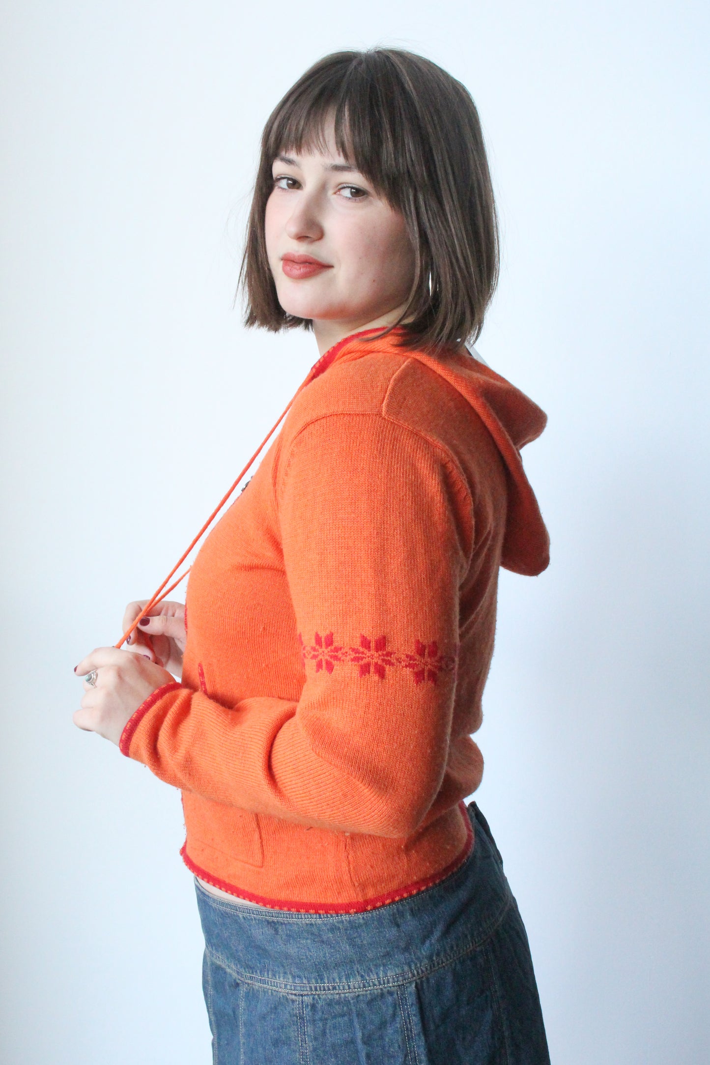 orange/red zip up knit hoodie - SZ M/L