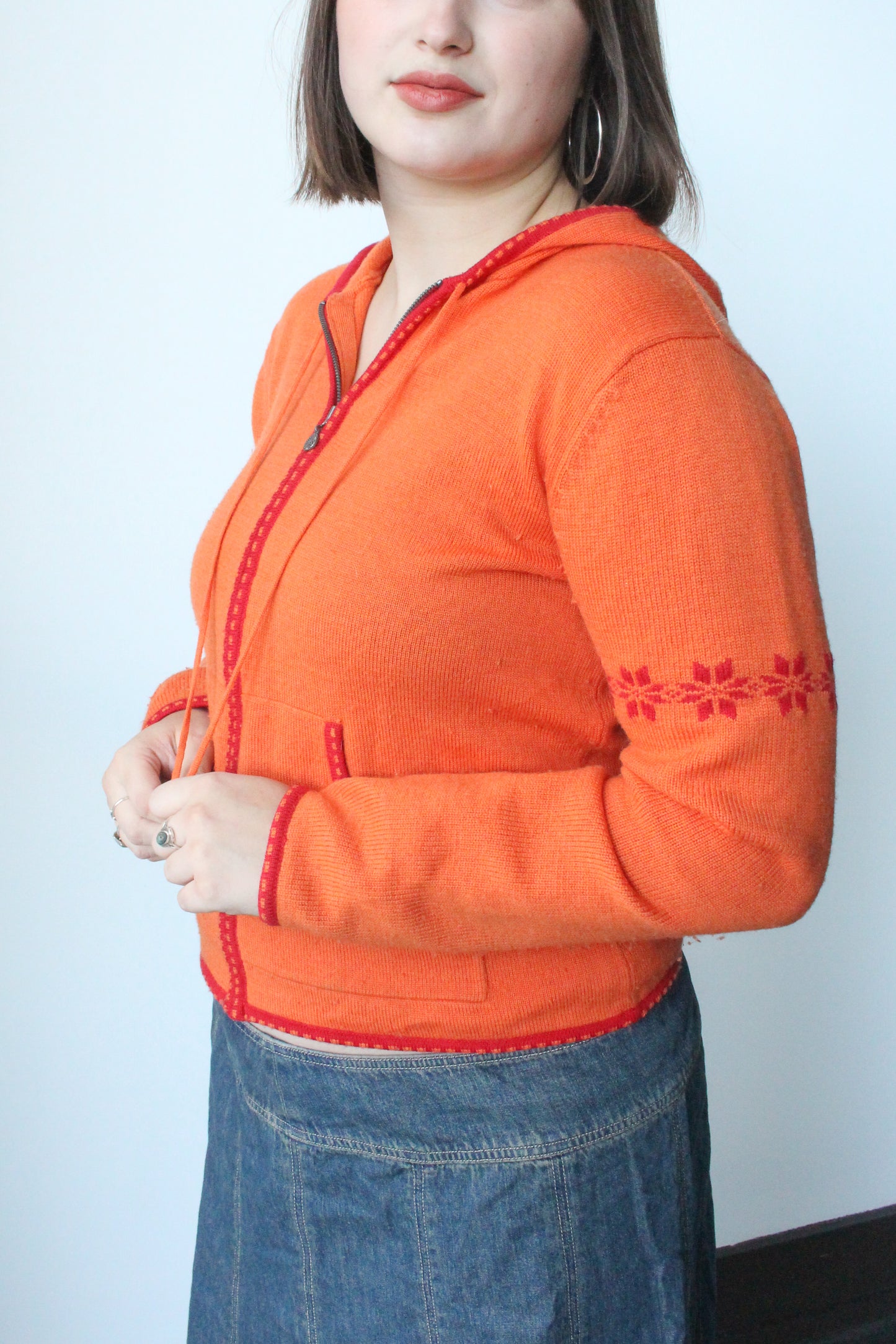 orange/red zip up knit hoodie - SZ M/L