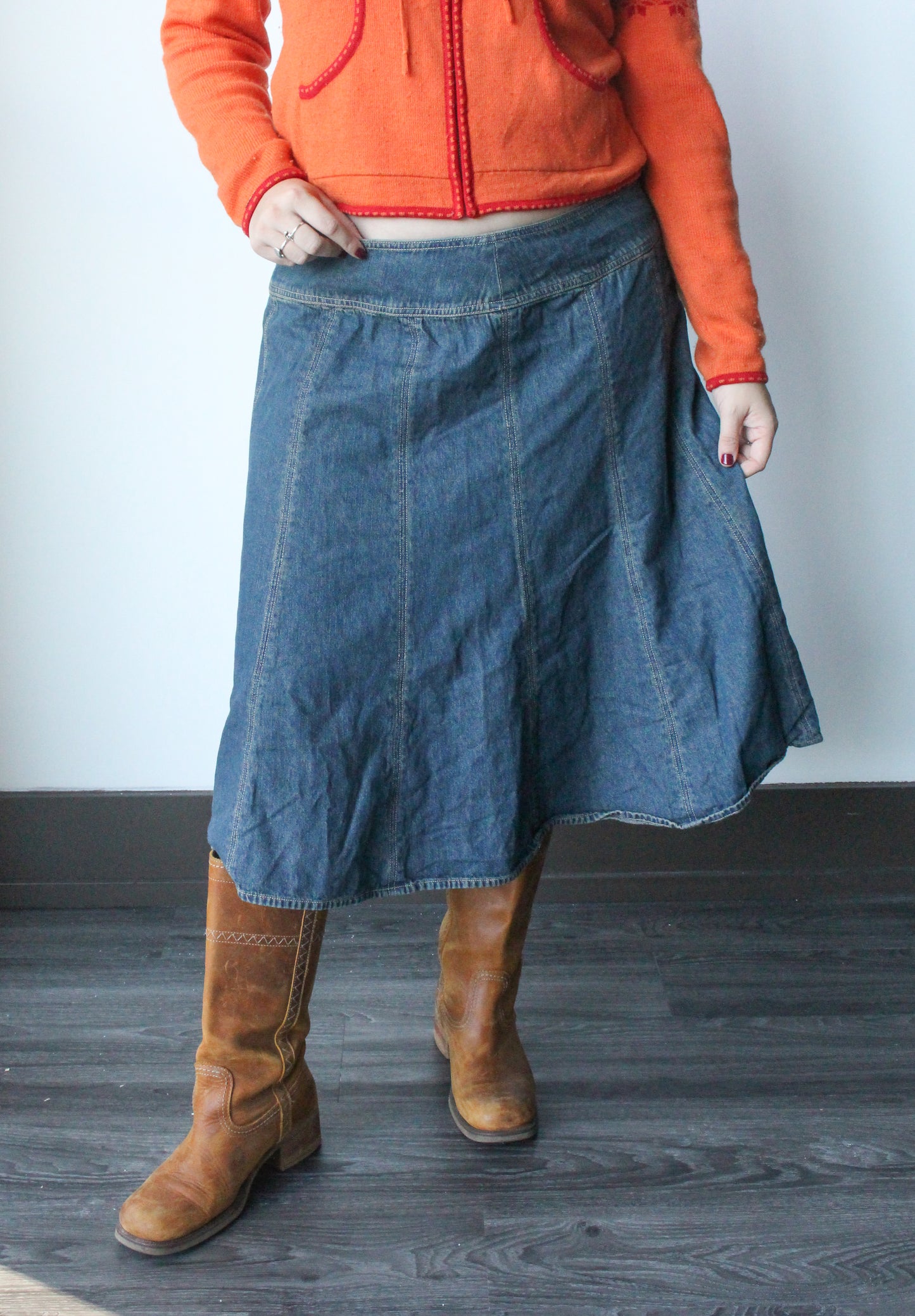 denim patchwork midi skirt - SZ L/XL