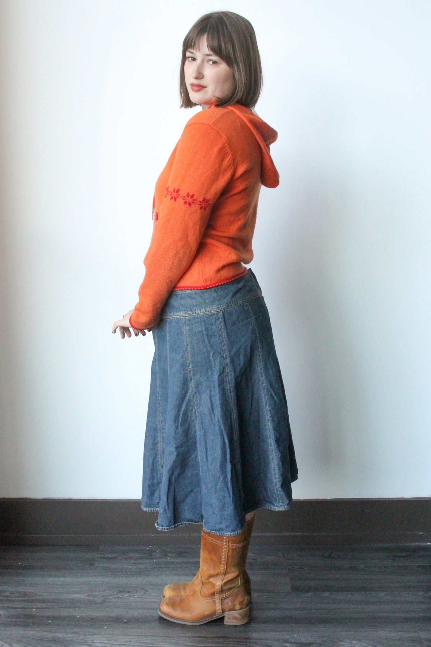 orange/red zip up knit hoodie - SZ M/L