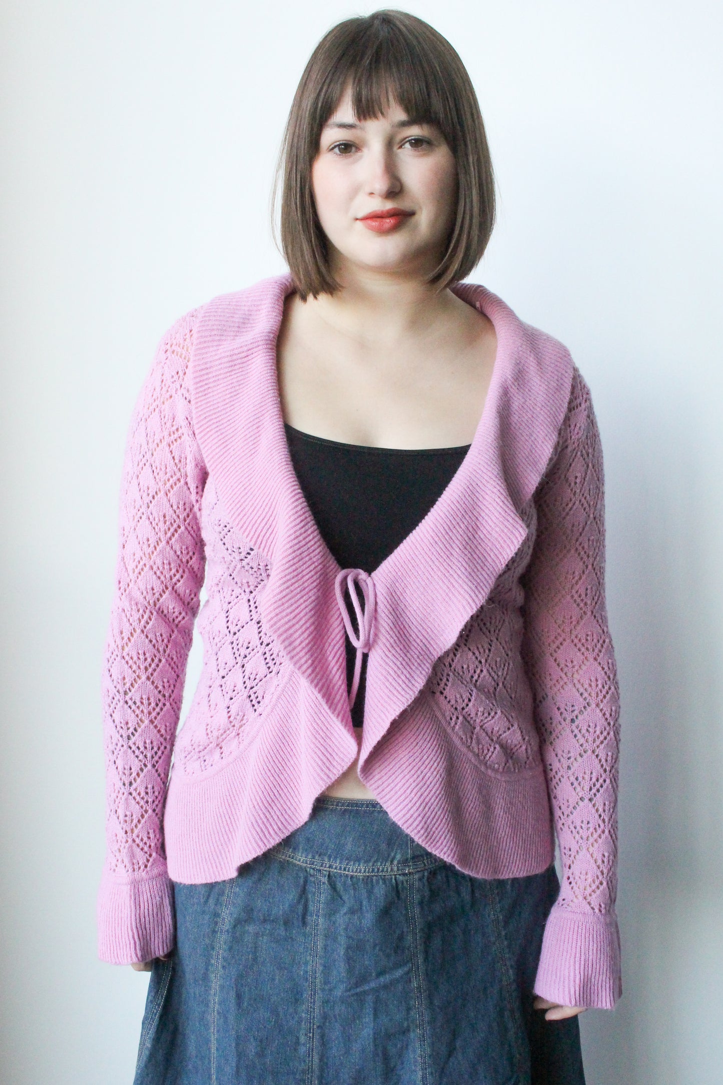 pink ruffle tie front cardigan - SZ M/L