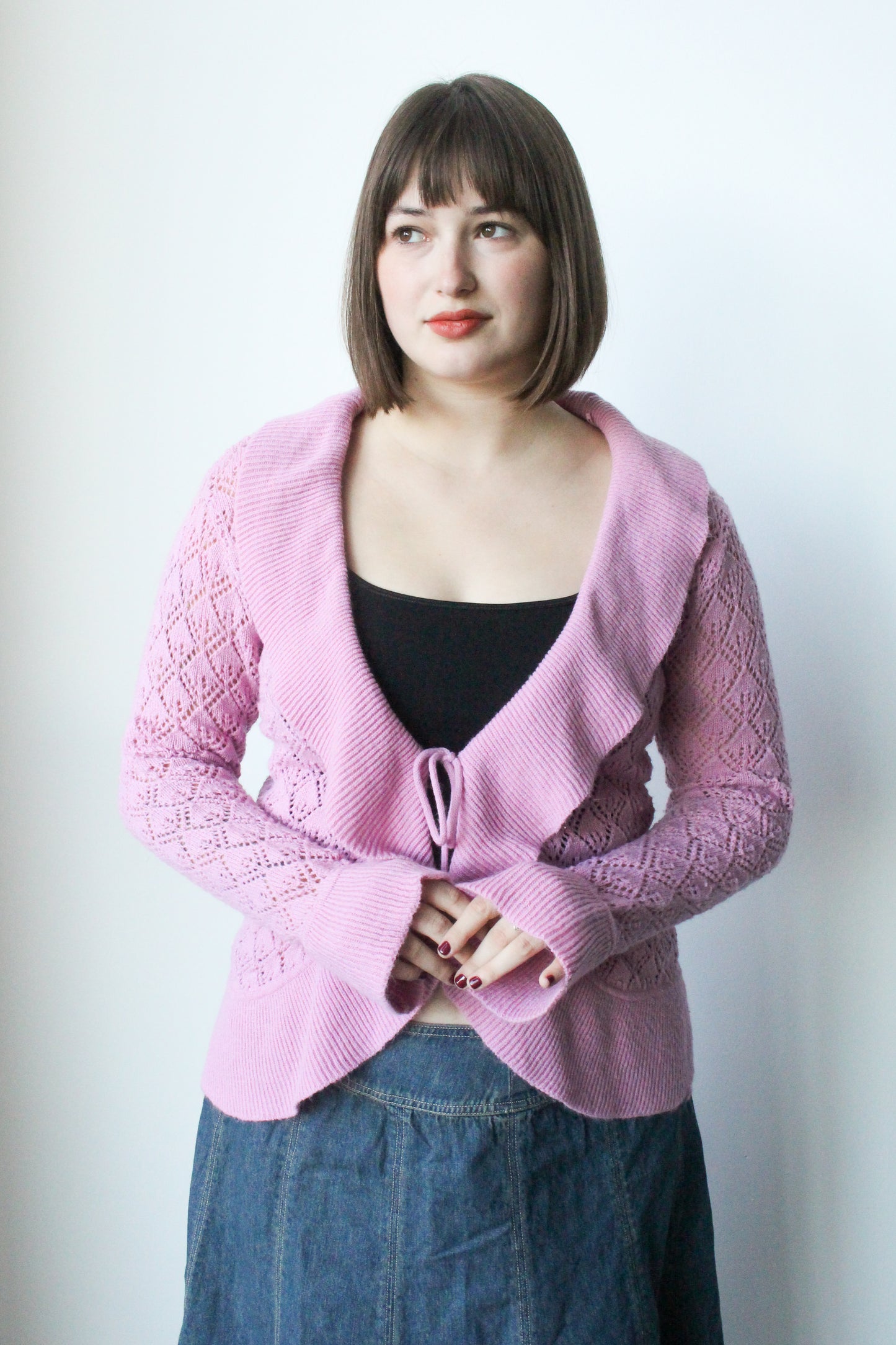 pink ruffle tie front cardigan - SZ M/L