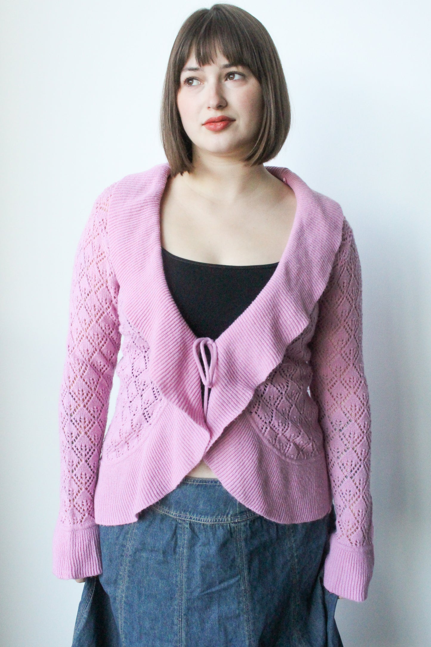 pink ruffle tie front cardigan - SZ M/L