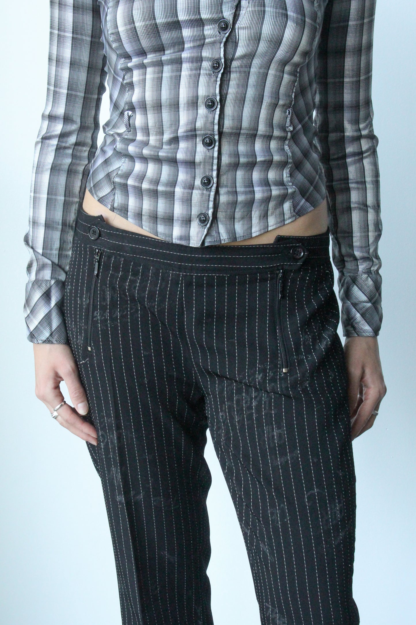 pinstripe news print capri pants - SZ S/M