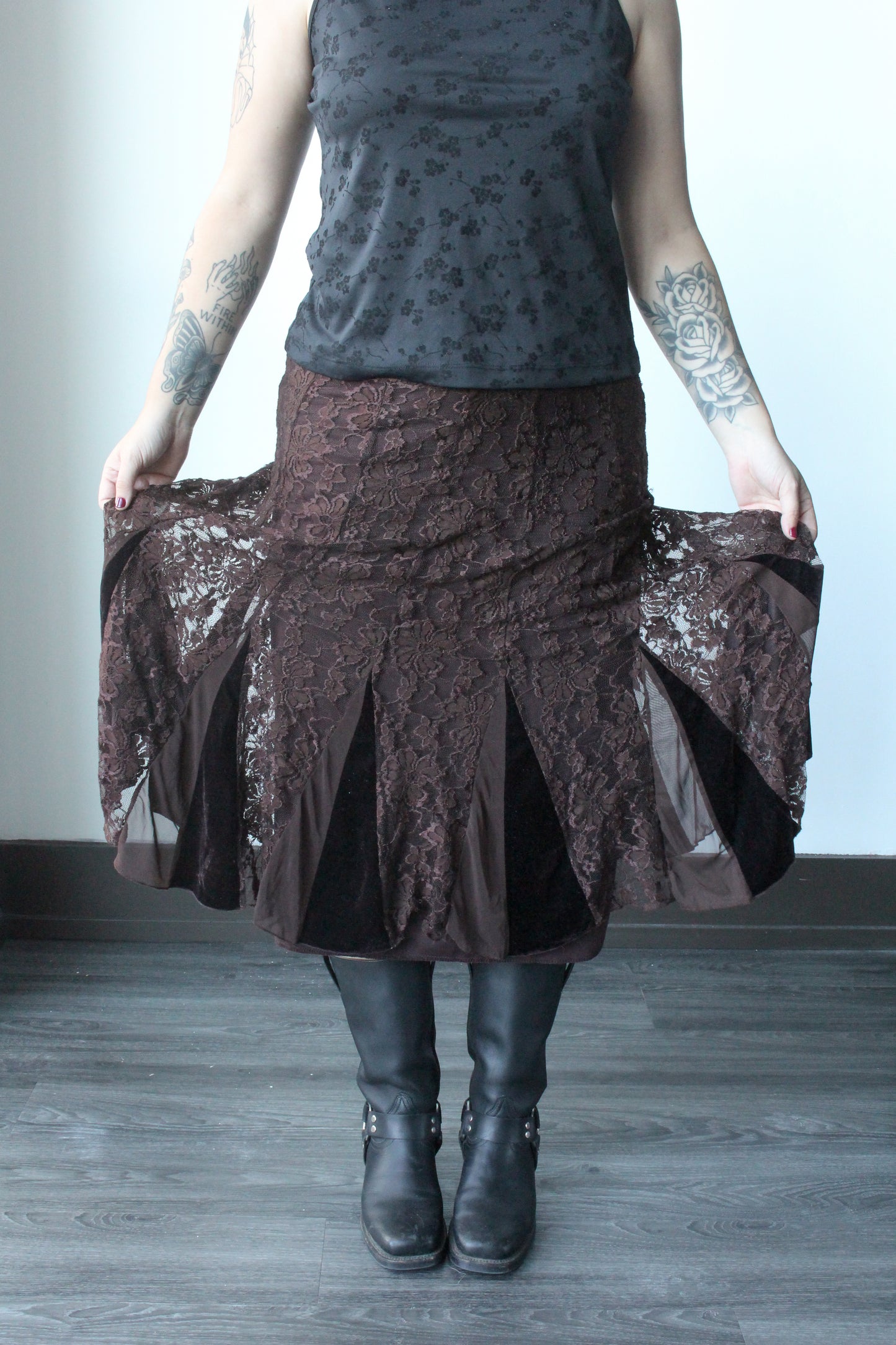 brown lace/ velvet midi skirt - SZ L/XL