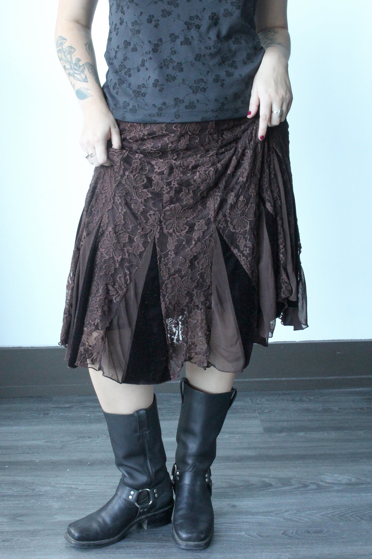 brown lace/ velvet midi skirt - SZ L/XL
