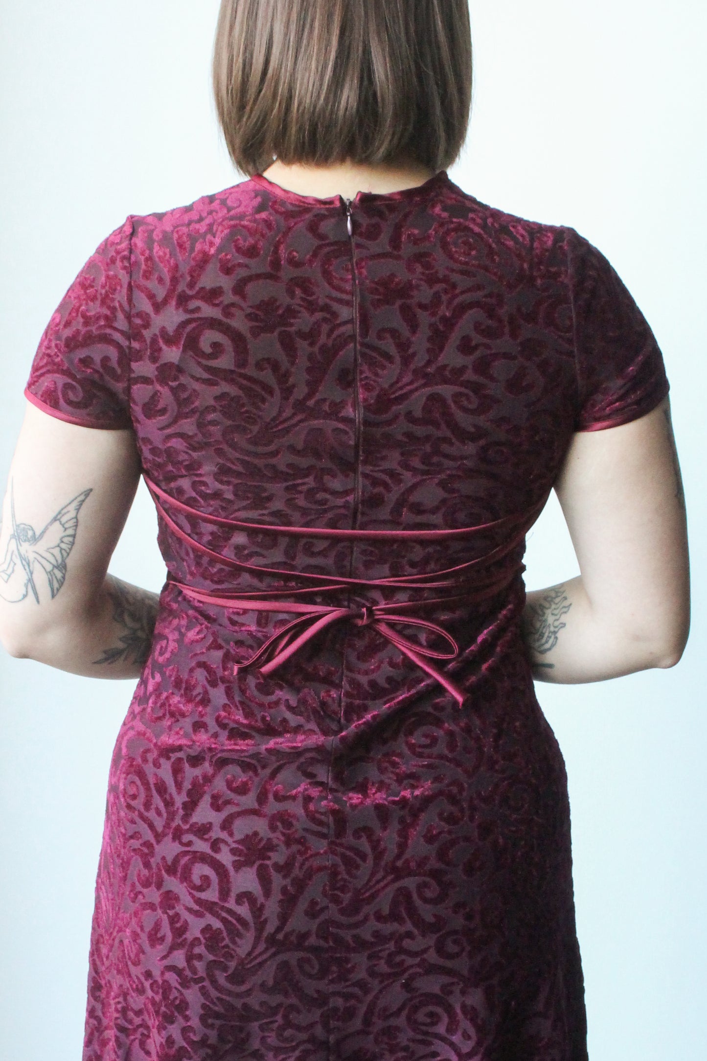 burgundy velvet floral midi dress - SZ L