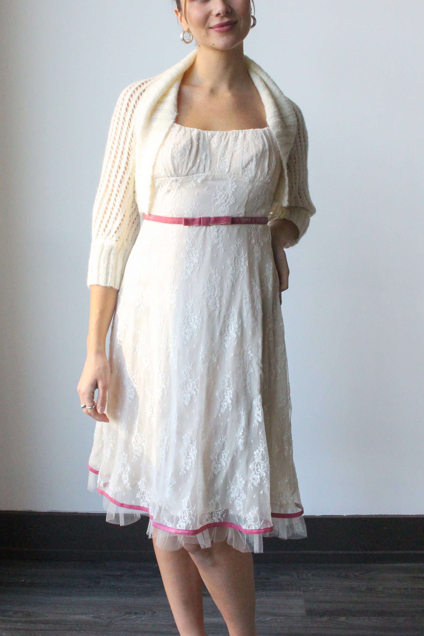 white and pink lace milkmaid dress - SZ S