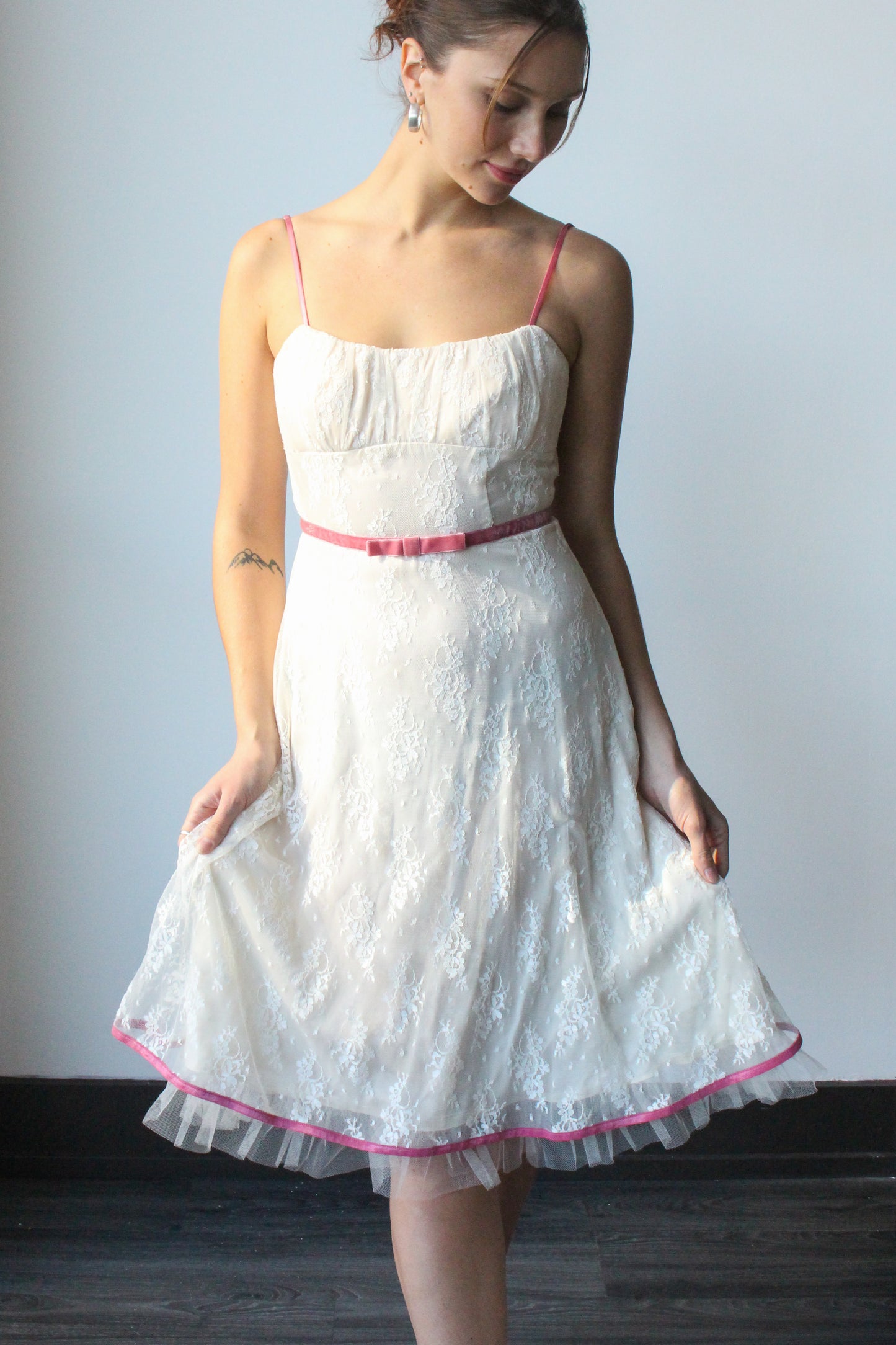 white and pink lace milkmaid dress - SZ S