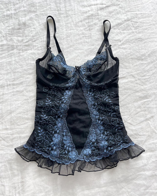 Black and blue embroidered corset top