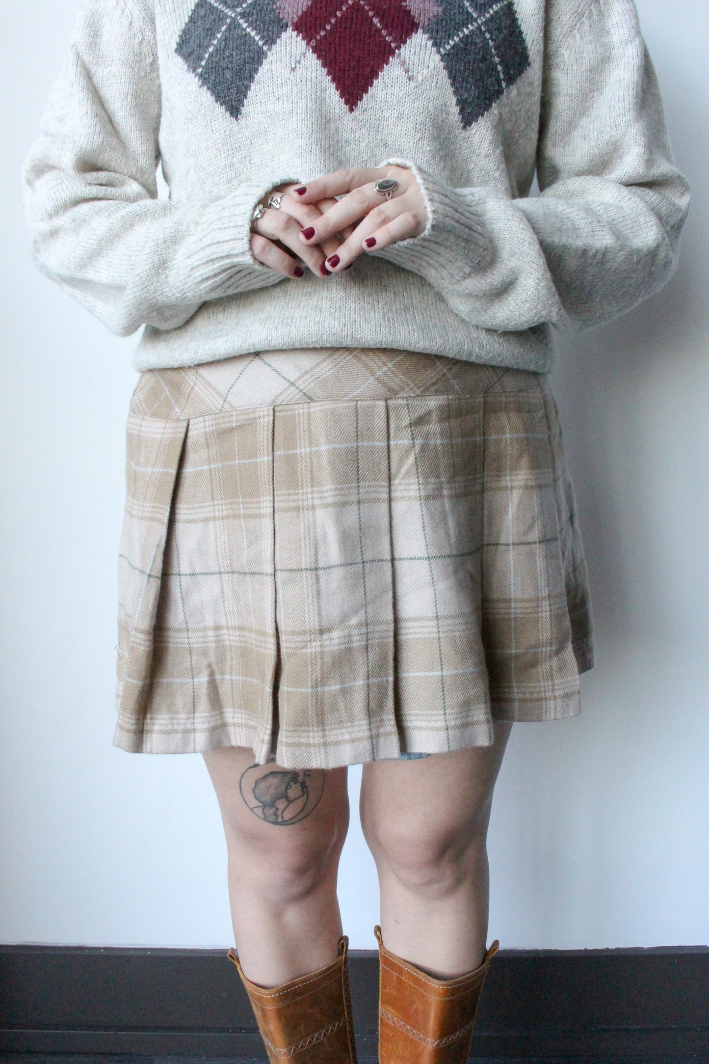 beige plaid mini skirt - SZ L/XL