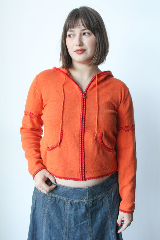 orange/red zip up knit hoodie - SZ M/L