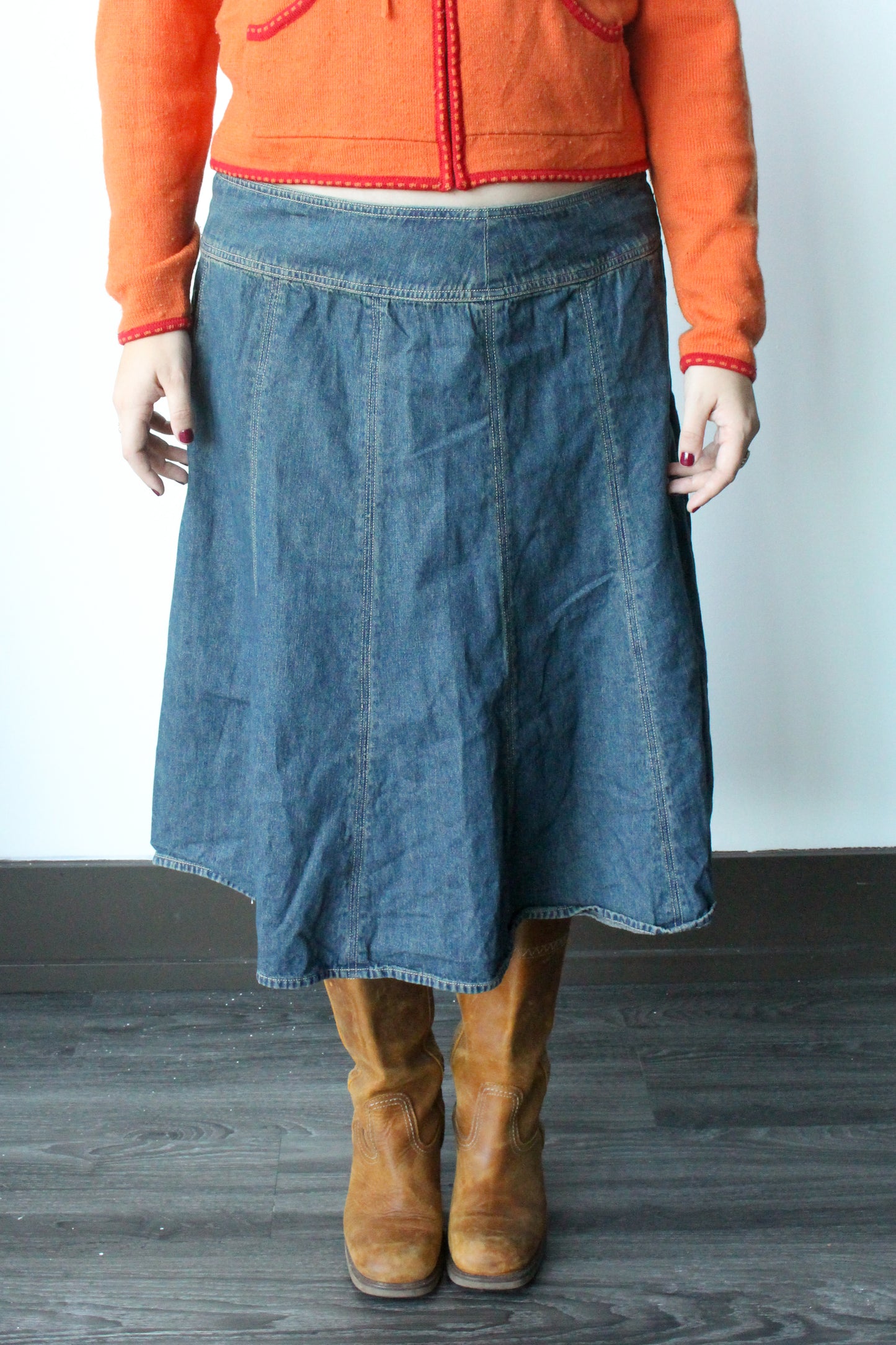 denim patchwork midi skirt - SZ L/XL
