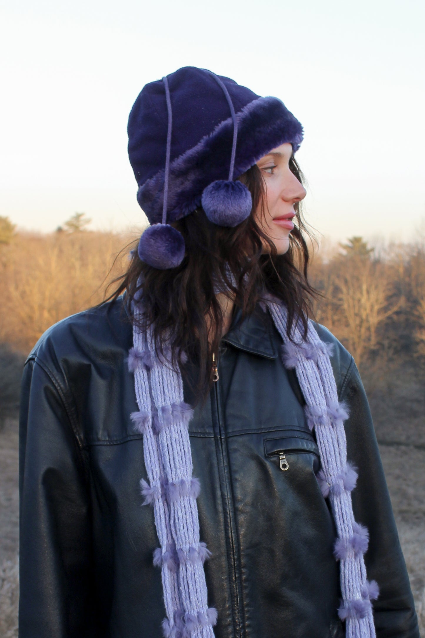 vintage purple pom pom fur trim hat