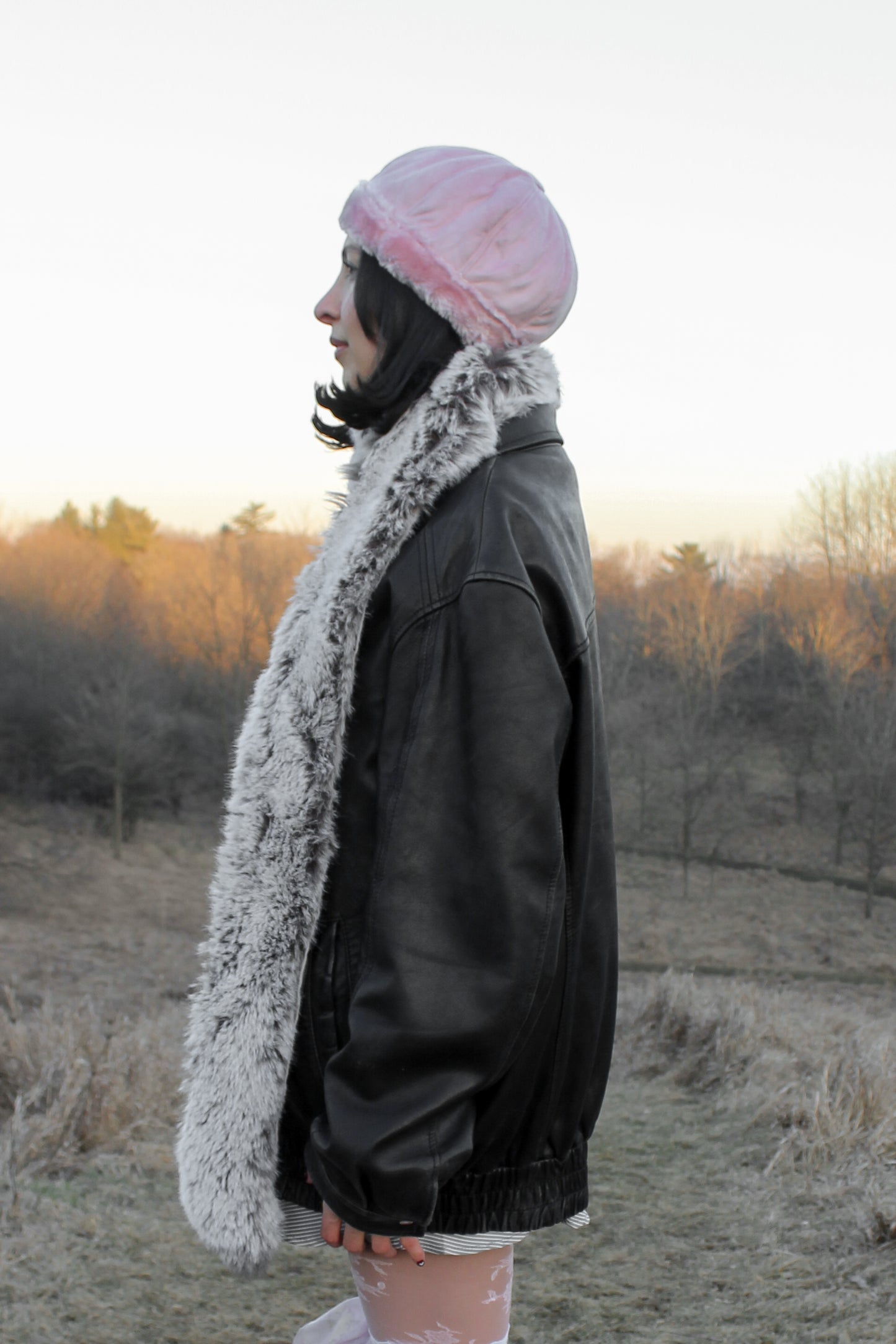 90s pink faux fur trim beanie hat